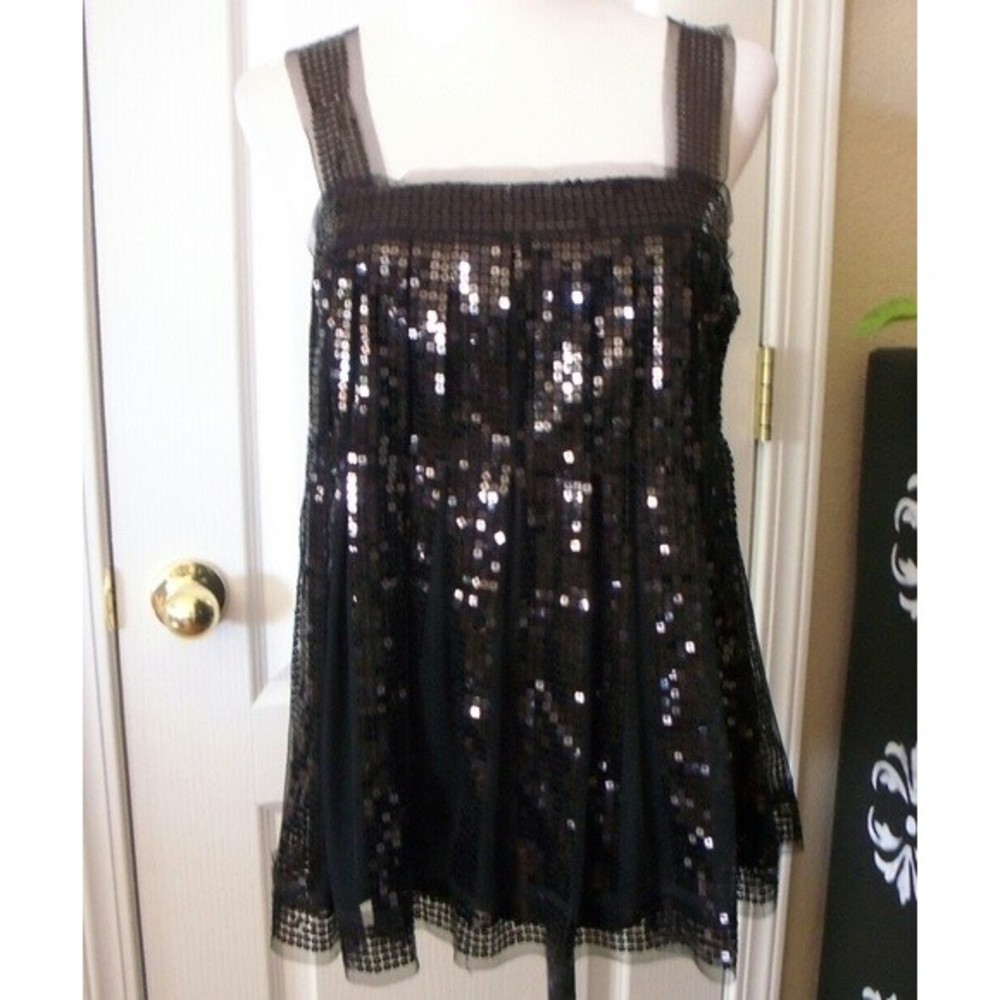 STUDIO M BLACK SEQUIN TUNIC TOP EMPIRE WAIST SLEEVELESS WOMEN'S SMALL NWOT